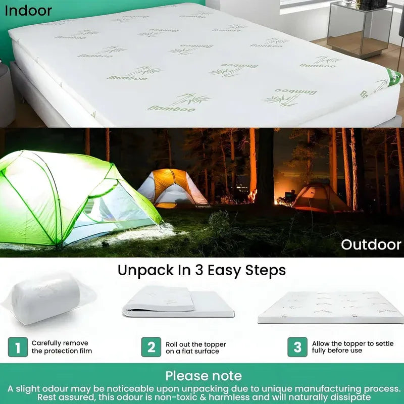 Mattress topper shown indoors and tents set up outdoors with unpacking instructions.