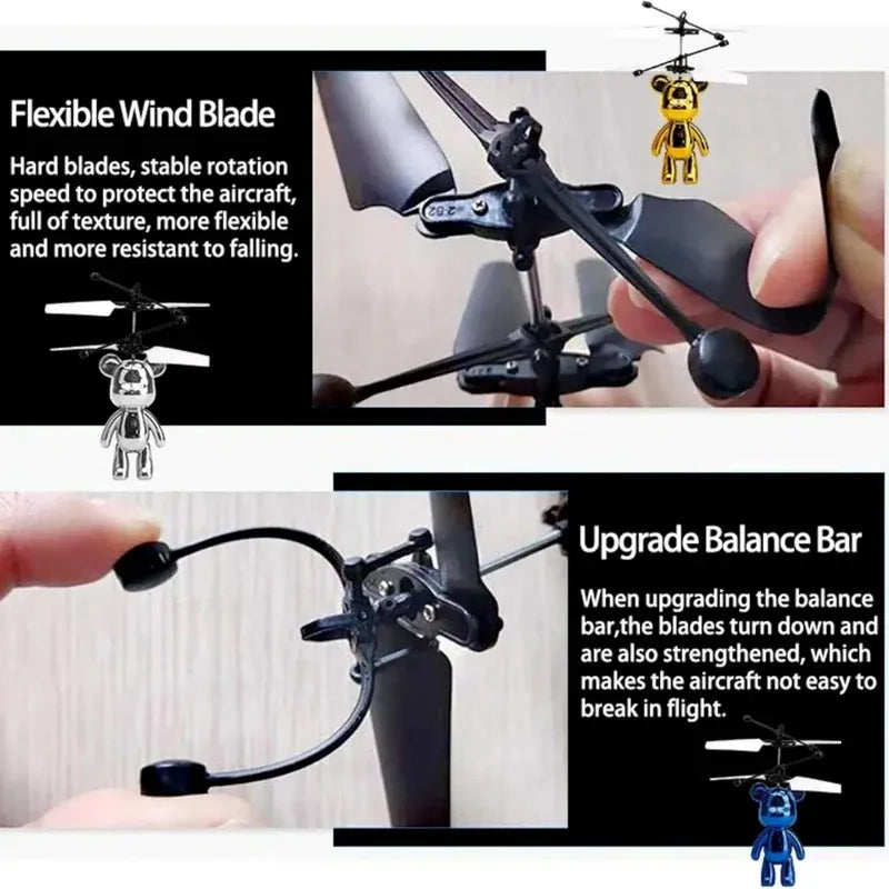 Helicopter with flexible wind blade and upgrade balance bar, held by a hand.