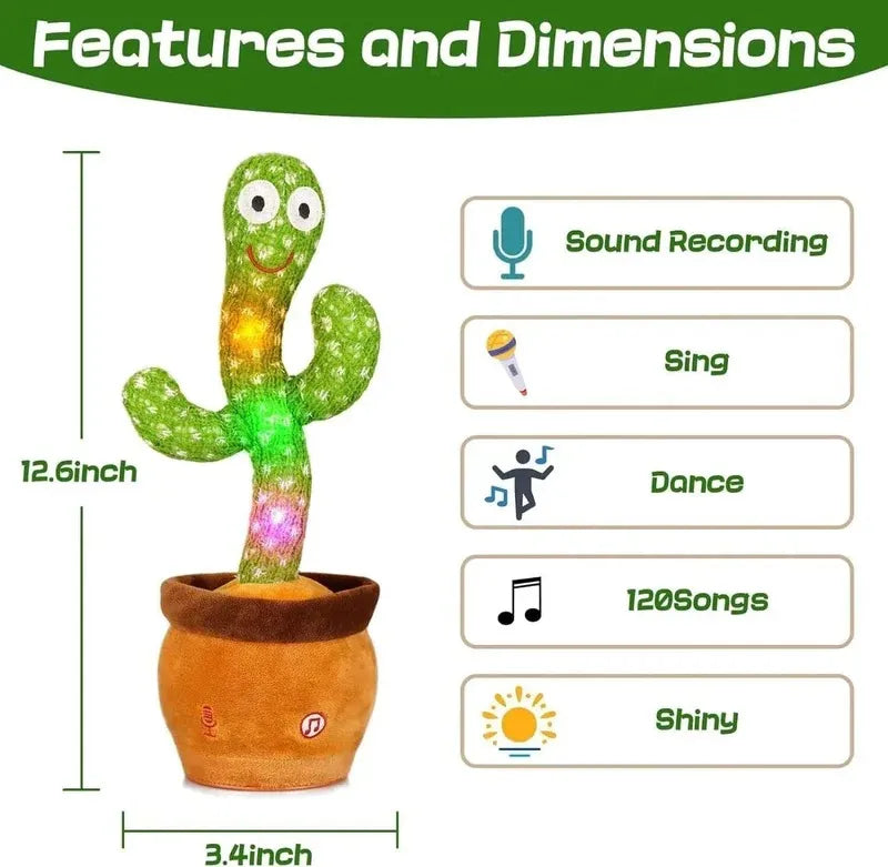 Toy cactus with features and dimensions on a green background