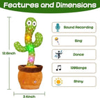 Toy cactus with features and dimensions on a green background