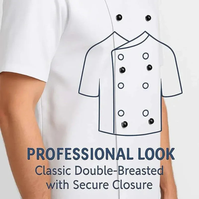 White shirt with a double-breasted jacket design and text about professional look and secure closure.