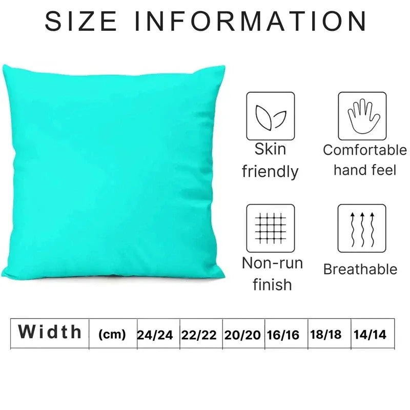 Turquoise pillow with size information and features on a white background