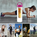 Woman exercising with a fruit-infused water bottle, followed by images of people engaging in various activities.