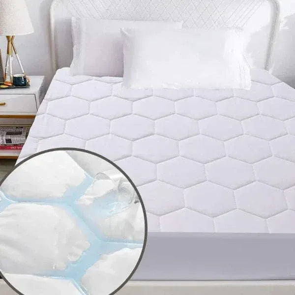 White quilted mattress pad on a bed with a close-up of the product's texture.