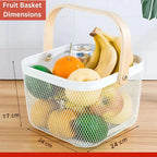 Fruit Basket with Wooden Handle – Metal Mesh Kitchen Organizer