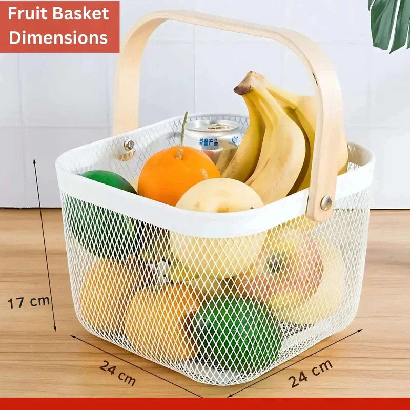 Fruit Basket with Wooden Handle – Metal Mesh Kitchen Organizer