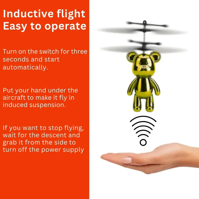 Inductive flying toy with instructions on an orange and white background
