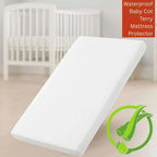 Waterproof baby cot terry mattress protector with a crib in the background