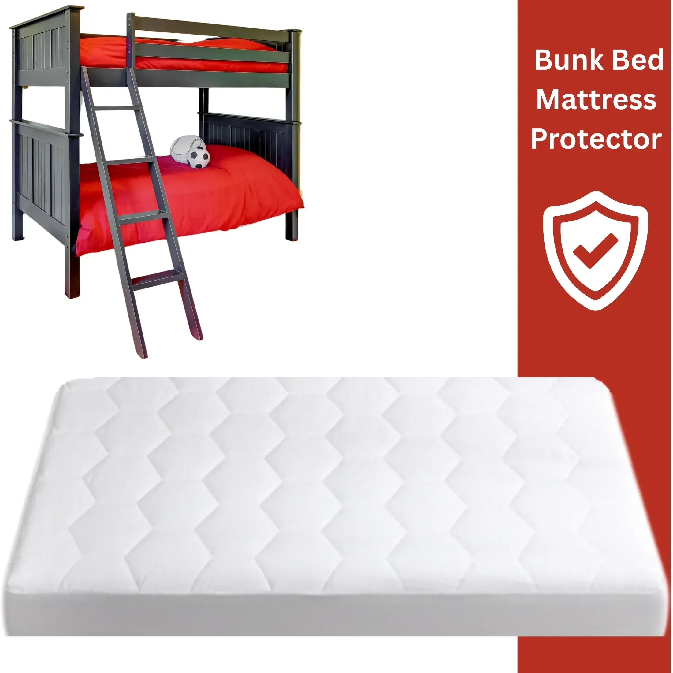 Bunk bed with red mattress and white mattress protector on a white background