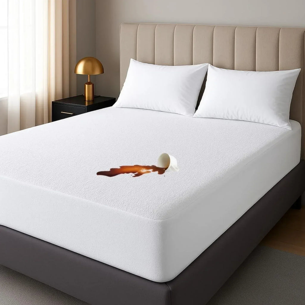 Bed with white mattress cover, pillows, and a small spill on a nightstand.