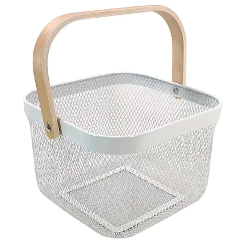 Fruit Basket with Wooden Handle – Metal Mesh Kitchen Organizer