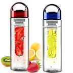 Two fruit-infused water bottles with strawberries, lemons, and a kiwi on a white background.