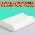 White memory foam pillow on a gray surface with a teal background and text 'SOFT & COMFORTABLE MEMORY FOAM PILLOW'.