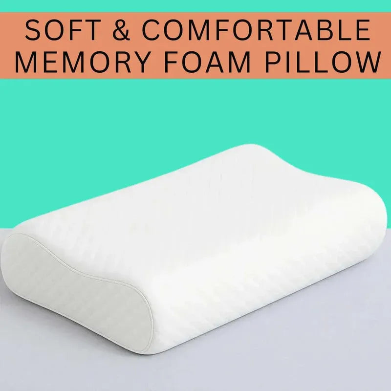 White memory foam pillow on a gray surface with a teal background and text 'SOFT & COMFORTABLE MEMORY FOAM PILLOW'.