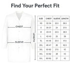 White shirt with size chart for chest, sleeve, and length on a white background