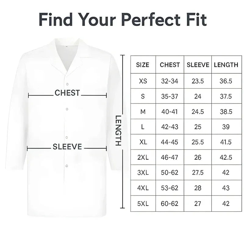 White shirt with size chart for chest, sleeve, and length on a white background