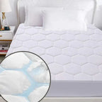 White quilted mattress pad on a bed with a close-up of the product's texture.