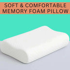 White memory foam pillow on a light gray surface with a teal background and text 'SOFT & COMFORTABLE MEMORY FOAM PILLOW'.