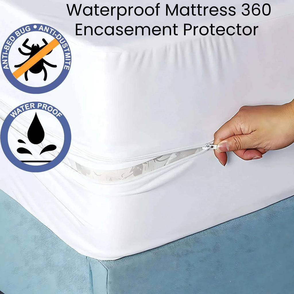 Waterproof mattress encasement protector with a hand pulling a zipper, featuring anti-bug and anti-dustmite logos.