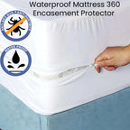 Waterproof mattress encasement protector with a hand pulling a zipper, featuring anti-bug and anti-dustmite logos.
