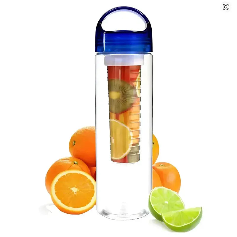 Fruit infuser bottle with oranges and a lime on a white background