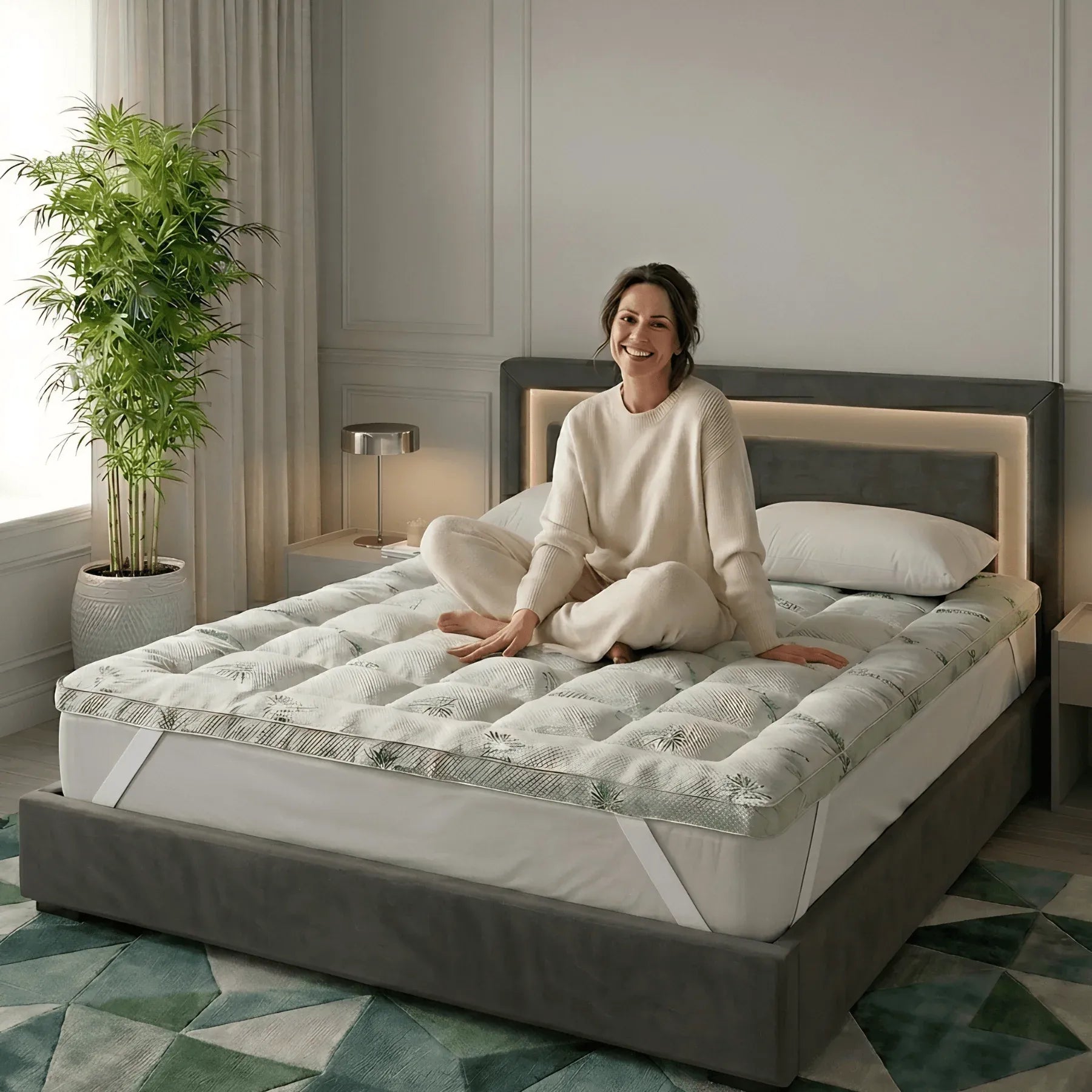 Bamboo Cloud Mattress Topper - 10cm Extra Thick Cooling Bed Topper Box Stitching - 4A's Global