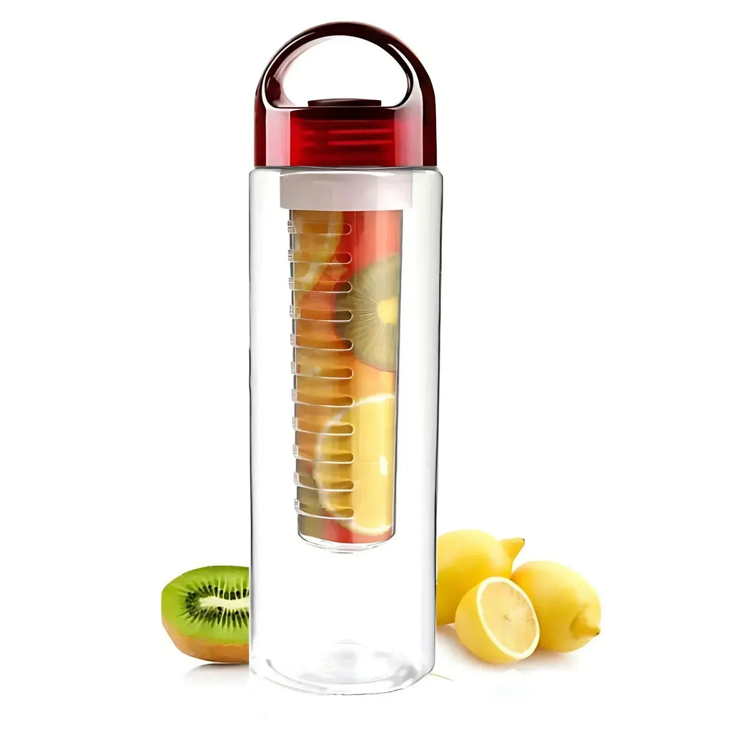 Clear infuser water bottle with red lid and fruit inside, surrounded by kiwi and lemon on a white background