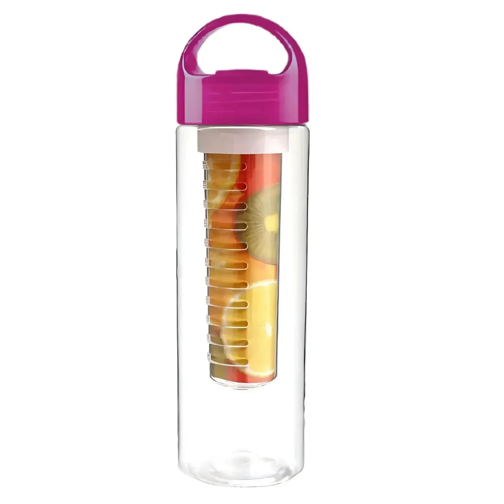 Clear water bottle with a pink lid and fruit infuser on a white background