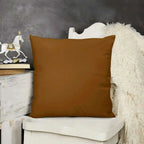 Brown pillow on a white chair with a dark gray wall and decorative items in the background
