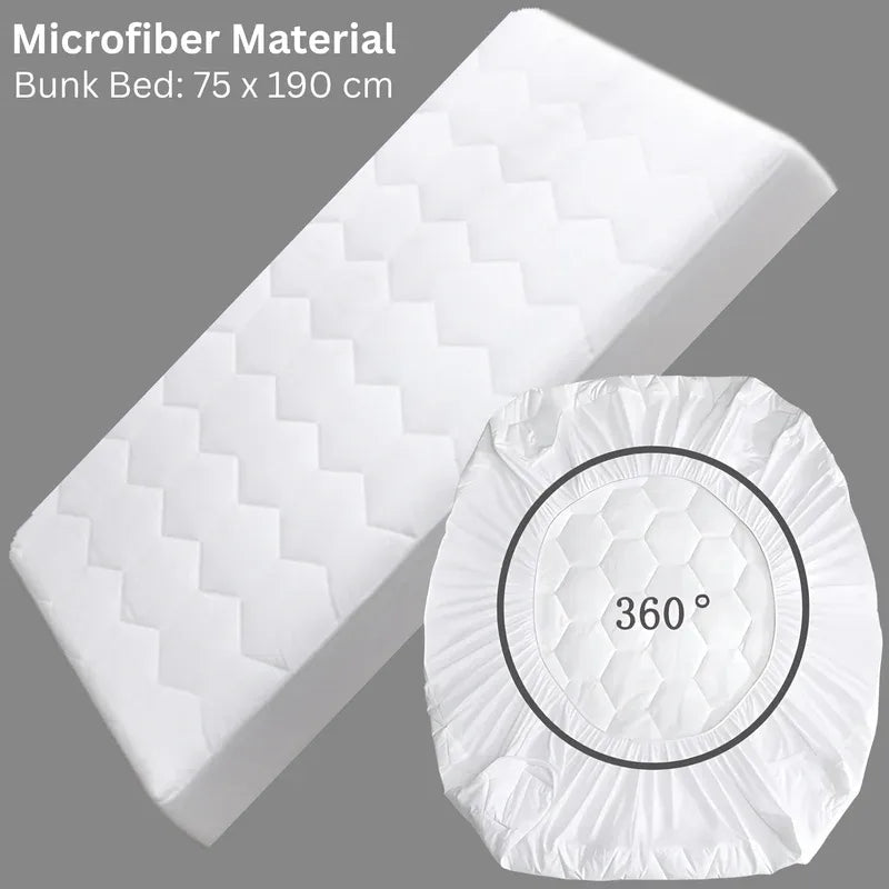White quilted bunk bed mattress cover made of microfiber, shown wrapped around a rectangular bed frame against a gray background, with text reading 'Microfiber Material Bunk Bed: 75 x 190 cm' and a circular inset showing the 360-degree coverage.