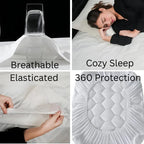 Collage of a breathable mattress cover with text highlighting features like 'Cozy Sleep' and '360 Protection'.