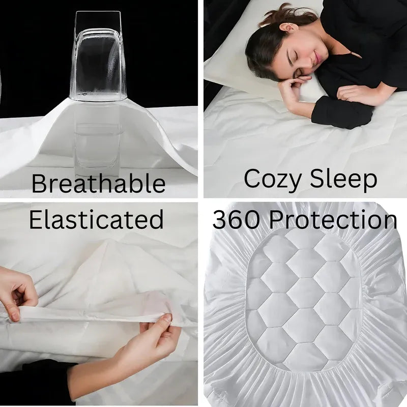 Collage of a breathable mattress cover with text highlighting features like 'Cozy Sleep' and '360 Protection'.