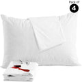 Pack of eight white pillows with a glass of red wine and a folded towel on a white background.