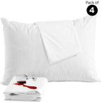 Pack of eight white pillows with a glass of red wine and a folded towel on a white background.