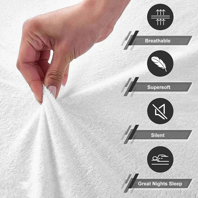 Hand touching white fabric with features listed on a white background