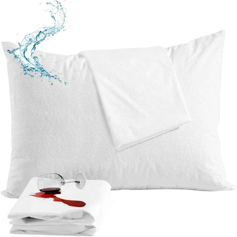White pillowcase with water droplet graphic and wine spill on white background
