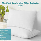 White pillow protectors on a bed with decorative plants in the background, featuring text about comfort and features.
