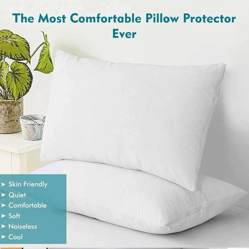 White pillow protectors on a bed with decorative plants in the background, featuring text about comfort and features.