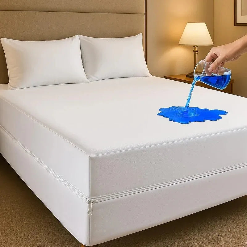 Person pouring blue gel onto a mattress in a bedroom setting