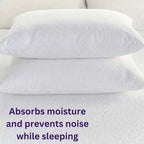 White pillows on a bed with text 'Absorbs moisture and prevents noise while sleeping'.