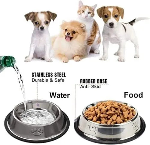 Stainless Steel Pet Feeding Bowls Set of 2 Non-Slip Food and Water Dishes Dogs and Cats - High Living - 4A's Global