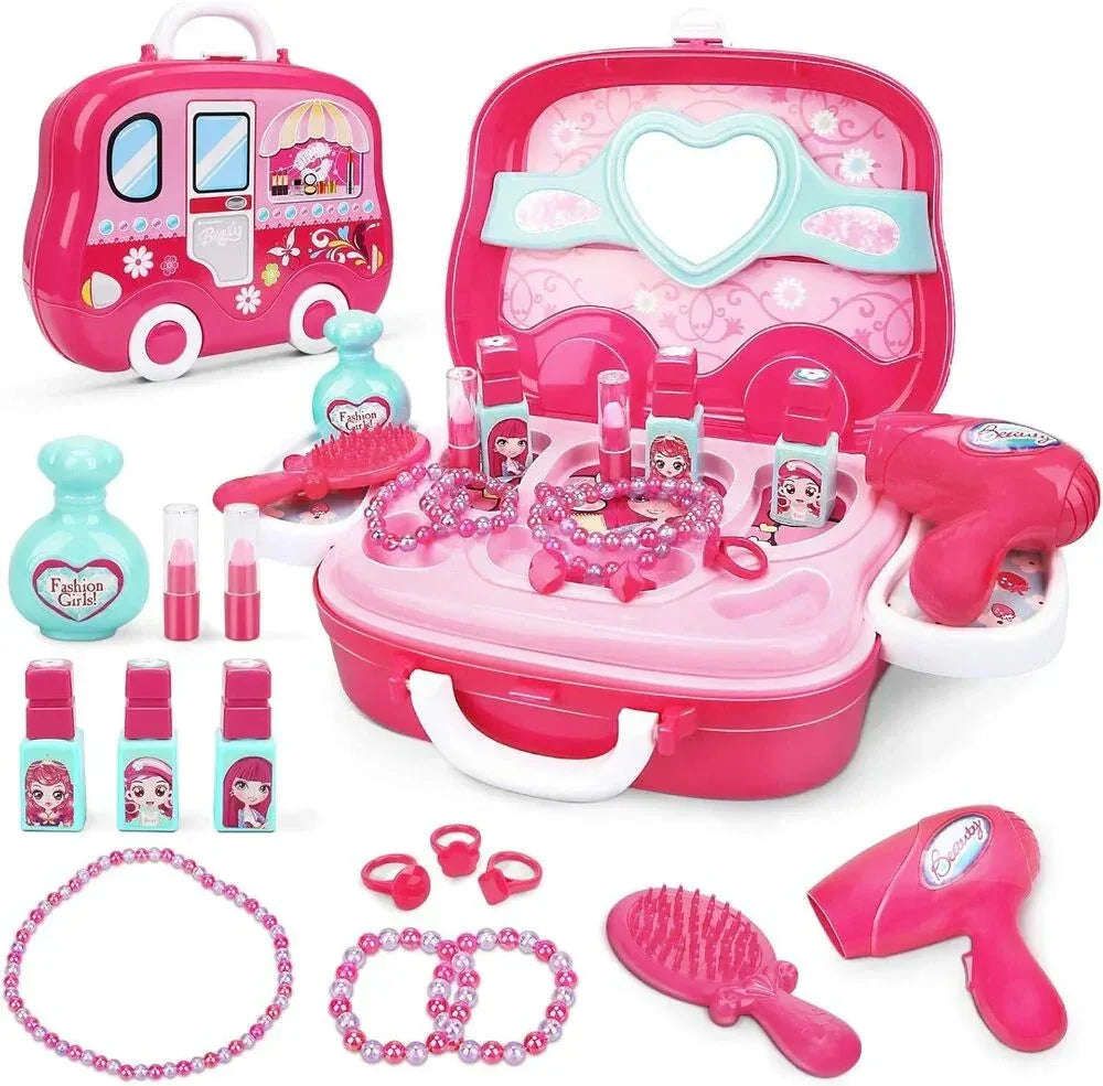 Kids Beauty Salon Role Play Toy Set – 15/19pcs Pretend Play Makeup & Jewelry Vanity Case with Accessories - 4A's Global
