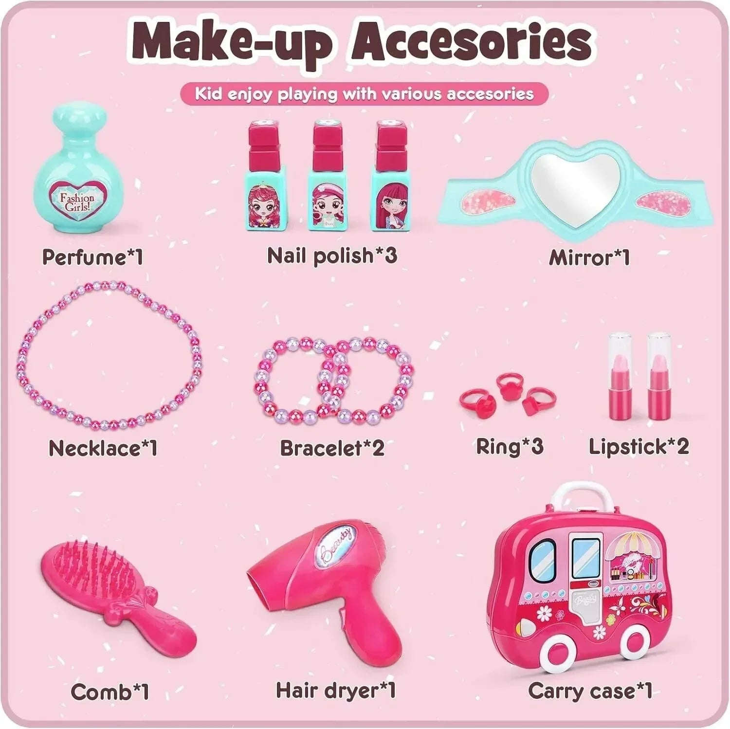 Kids Beauty Salon Role Play Toy Set – 15/19pcs Pretend Play Makeup & Jewelry Vanity Case with Accessories - 4A's Global