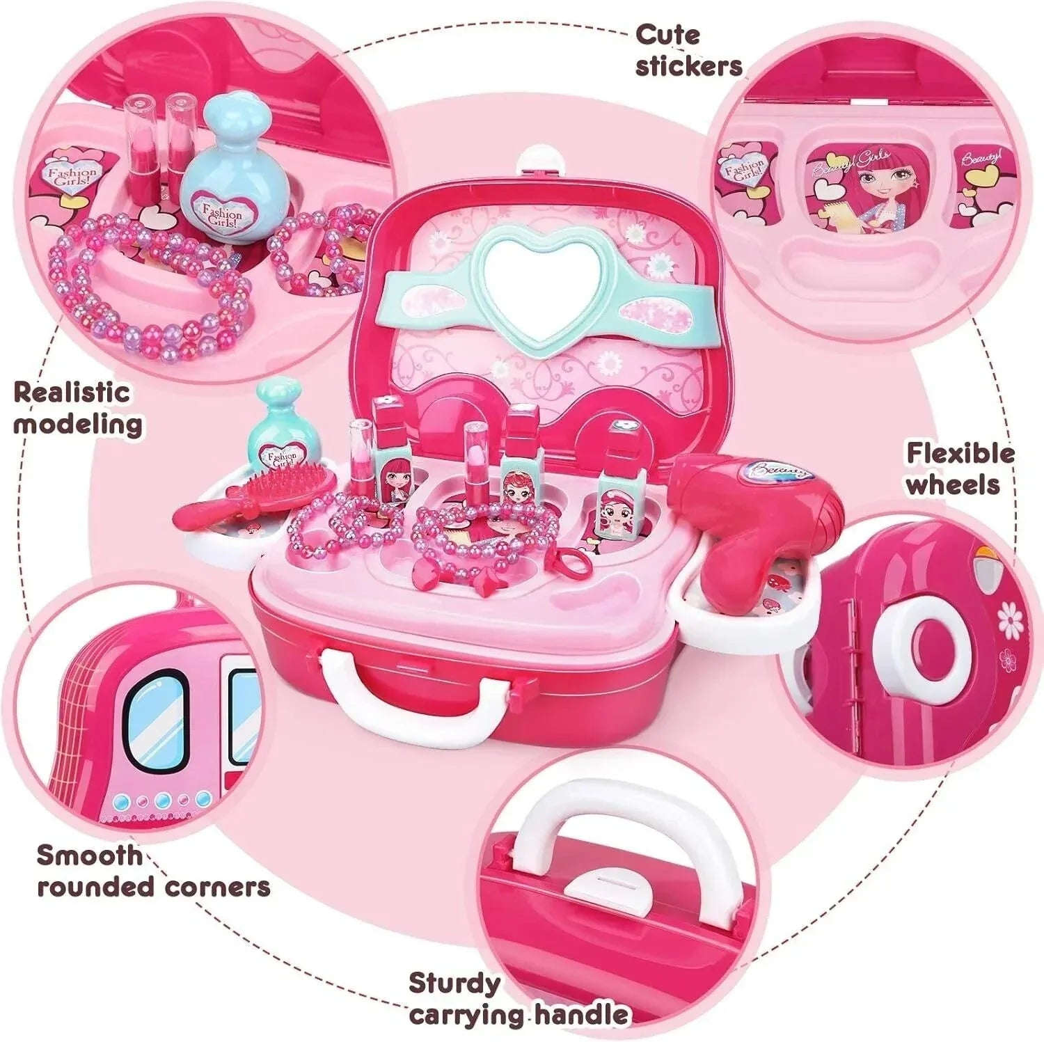 Kids Beauty Salon Role Play Toy Set – 15/19pcs Pretend Play Makeup & Jewelry Vanity Case with Accessories - 4A's Global