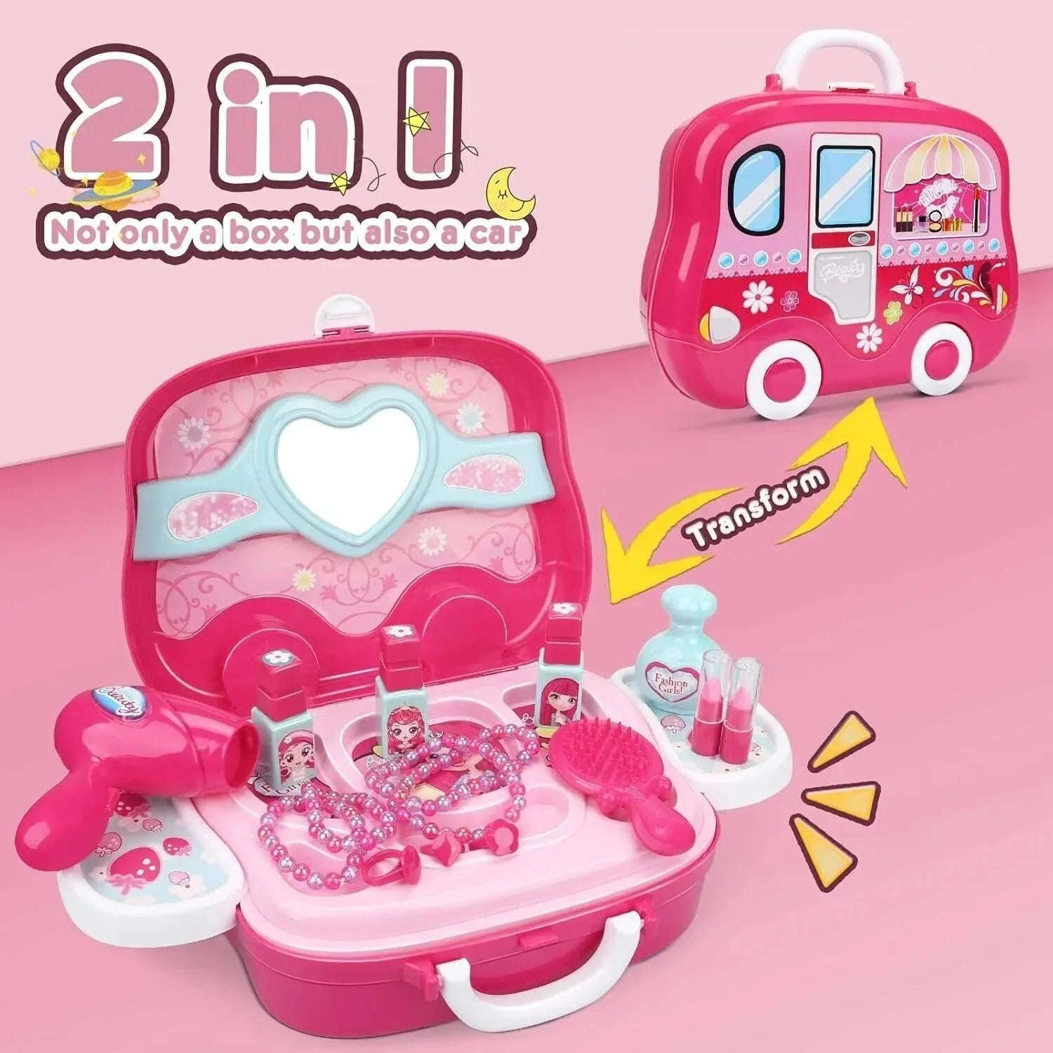 Kids Beauty Salon Role Play Toy Set – 15/19pcs Pretend Play Makeup & Jewelry Vanity Case with Accessories - 4A's Global