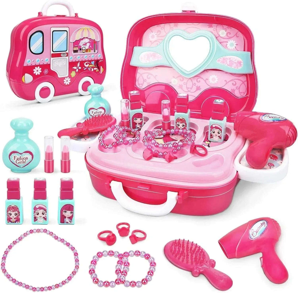 Kids Beauty Salon Role Play Toy Set – 15/19pcs Pretend Play Makeup & Jewelry Vanity Case with Accessories - 4A's Global
