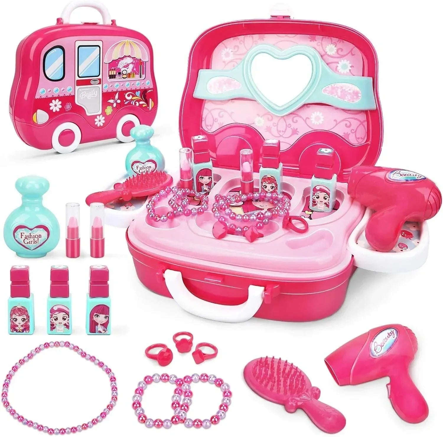 Kids Beauty Salon Role Play Toy Set – 15/19pcs Pretend Play Makeup & Jewelry Vanity Case with Accessories - 4A's Global